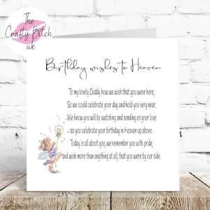 Op de afbeelding: Een witte wenskaart met de tekst "Birthday wishes to Heaven" in zwart schrift. De kaart bevat een gedicht en een kleine illustratie van een fee. Het logo "The Crafty Bitch uk" staat in de linkerbovenhoek.