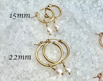 14K Gold Filled Hoop Earrings, Pearl Hoop Earrings, Huggie Hoop Earrings, Gold Hoops, Small Hoop Earrings, Hoop Earrings with Pearl Charm