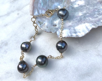 Tahitian Pearl Bracelet, Black Pearl Bracelet, Tahitian Pearl Station Bracelet, Station Bracelet, Wire Wrapped Bracelet, Perle de Tahiti