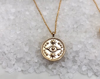 Evil Eye Necklace, Evil Eye Jewelry, Gold Eye Necklace, Gold Coin Necklace, Layering Necklace, Gold Coin Pendant, Gold Charm Necklace