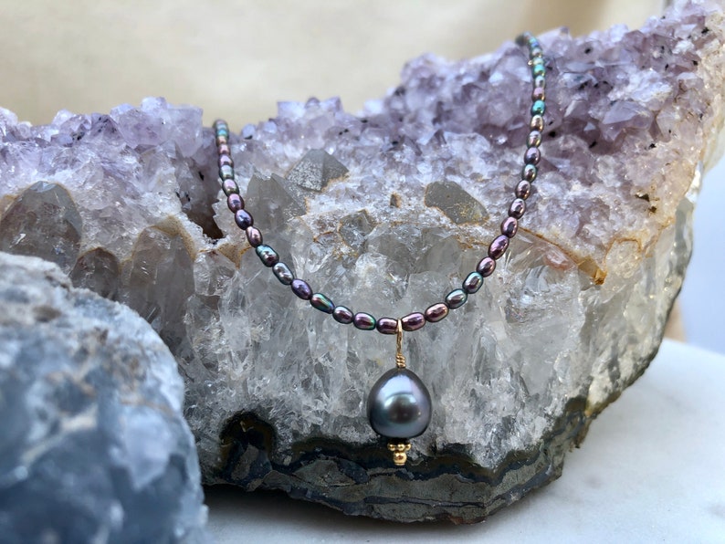 Rice Pearl Necklace Gift for Wife Peacock Pearls Peacock Rice Pearls Gift for Mom Black Pearl Necklace Tahtian Pearl Necklace
