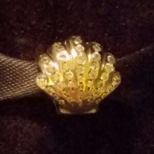 May include: A gold-colored seashell charm with a detailed design. The charm is made of metal and has a shiny finish.