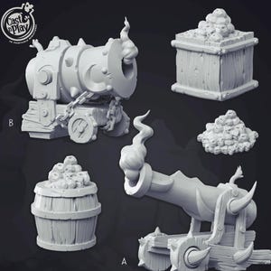May include: A collection of 3D-printed miniature fantasy objects, including two cannons, a treasure chest, a barrel, and a pile of skulls. The objects are all in a light gray color and have a detailed, textured appearance.