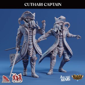 May include: Two gray, detailed figurines of the Cuthari Captain, a fantasy character. Each figure wears a hat, long coat, and armor, and holds a sword. The text "CUTHARI CAPTAIN" is at the top. The figurines are on a blue background.
