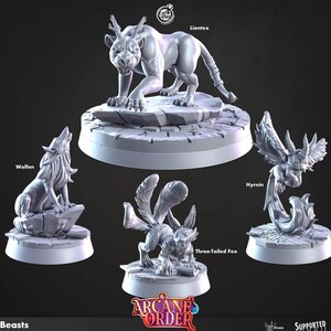 Può includere: Una collezione di figurine di creature fantasy grigie, tra cui un Liontex, Wolfen, Volpe a Tre Code e Hyrnin. Ogni figura dettagliata è montata su una base circolare. Il logo "Arcane Order" è visibile in basso.