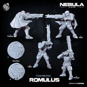 Puede incluir: Colección de miniaturas grises Exo-Militia Romulus, incluyendo figuras con armas Plasmagun y Railgun, y bases de 35 mm. Las figuras están en poses de acción, con el logo "NEBULA ALL BUT WAR" en la parte superior.