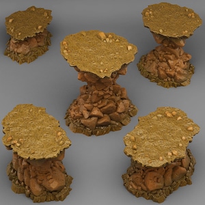 May include: Five miniature rocky platforms with a flat, sandy top. The platforms are made of brown and tan textured material and are ideal for tabletop gaming.