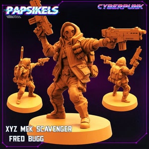May include: A collection of orange-toned XYZ Mek Scavenger figurines, each posed with futuristic weaponry. The central figure is highly detailed, wearing a hooded jacket and gear, with two smaller figures flanking it. The text "Papsikels" and "Cyberpunk" are visible.
