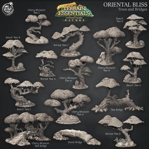 3D Printed Cast n Play Oriental Bliss Trees and Bridges Terrain Set Terrain Essentials Nature 28mm 32mm D&D
