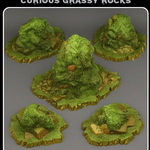 May include: Five miniature grassy rock formations with a textured surface. The rocks are covered in green grass and have a few brown rocks scattered on top.