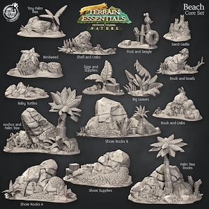 Op de afbeelding: Een set van 14 miniaturen voor tabletop games, met een strandthema. De set bevat een verscheidenheid aan items, zoals palmbomen, rotsen, een zandkasteel en een paal met een meeuw. De stukken zijn gemaakt van lichtgrijs materiaal en zijn ontworpen om te worden gebruikt in tabletop games.
