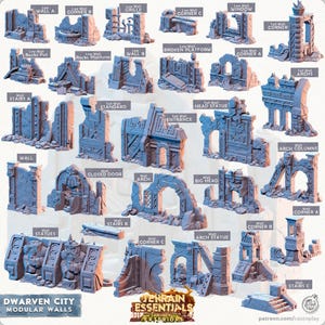 May include: A collection of modular Dwarven City walls and structures in various designs. The pieces include walls, corners, arches, stairs, and statues, all in a weathered, stone-like finish. The image includes the text "Dwarven City Modular Walls" and "Terrain Essentials".