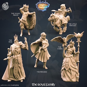 May include: A set of five miniature figurines depicting a royal family. The figures are made of a light brown plastic and are posed in various stances. The figures include a king, queen, princess, young prince, and a little princess riding a horse. The figures are all wearing elaborate clothing and accessories. The text "Kingdora Thaniarya" and "The Royal Family" are visible in the image.