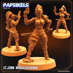 May include: A 3D printed miniature of a female character holding a gun and a sword. The character is wearing a futuristic outfit with a belt and pouches. The miniature is painted in a brown and orange color scheme. The miniature is labeled "LT. JINN NOGUCHISAWA" and "PRE SUPPORTED".