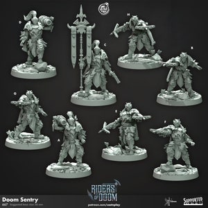 May include: A set of eight 3D printed miniature figures of a Doom Sentry, a fantasy creature with a horned helmet, holding various weapons. The figures are gray and unpainted.