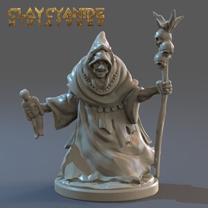 May include: A detailed miniature figure of a robed character with a sinister expression, holding a small doll and a staff topped with skulls. The figure is in a neutral color, with the text "CLAY CYANIDE MINIATURES" in gold lettering at the top.