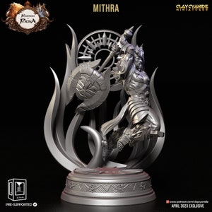 May include: A gray 3D printed miniature of Mithra, a Persian god, holding a large axe. He is standing on a circular base with a sun design. The miniature is pre-supported and is an April 2023 exclusive.