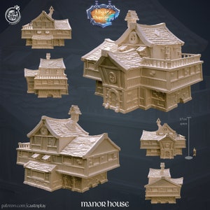May include: A detailed model of a two-story manor house with a gabled roof, multiple windows, and a small balcony. The model is made of a light brown material and is approximately 27 cm tall.