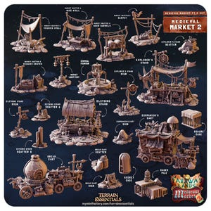 3Dプリント キャスト アンド プレイ 中世マーケット 2 地形セット 28 mm 32 mm D&D