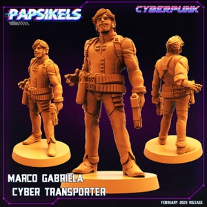 May include: A 3D printed miniature of a cyberpunk character, Marco Gabriela, in a brown and orange outfit with a gun and a belt with a buckle. The miniature is standing on a round base with the text "Cyber Transporter" and "Marco Gabriela" on it. The background is a purple and blue gradient with the text "PAPSIKELS" and "CYBERPUNK" on it.