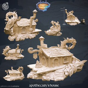 May include: A miniature apothecary's house with a wooden exterior, a thatched roof, and a vine-covered porch. The house is built on a base of rocks and has a small chimney. The house is approximately 1.9 cm tall.