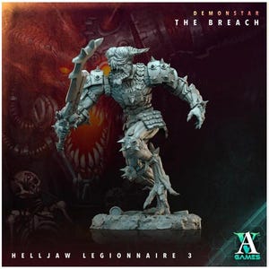 May include: A series of five miniature figurines of armored warriors, each holding a large sword. The figures are gray and stand on rocky bases, set against a dark background with a red and teal gradient. Text at the top reads "DIMENSION THE BREACH".
