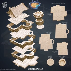 May include: A set of 3D printed castle pieces for tabletop gaming. The set includes a tower, walls, and floors, all in a light brown color. The pieces are designed to be assembled to create a small castle.