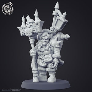 May include: A white 3D printed miniature of a female dwarf holding a lantern and a staff with a skull and candles on top. The dwarf is wearing a fur-lined coat and a belt with a pouch.