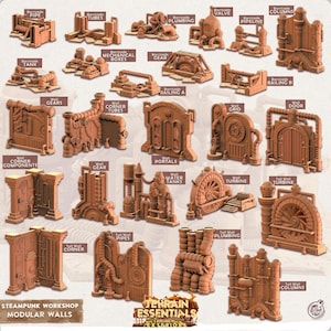 3D Printed Terrain Essentials Exteriors - Steampunk Workshop Modular Walls 28mm 32mm D&D