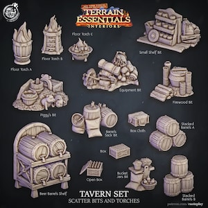 May include: A set of 15 miniature wooden tavern props for tabletop role-playing games. The set includes barrels, shelves, torches, a box, a bucket, and a small shelf. The props are made of a light brown wood and have a realistic, hand-crafted look. The set is labeled "Tavern Set Scatter Bits and Torches".
