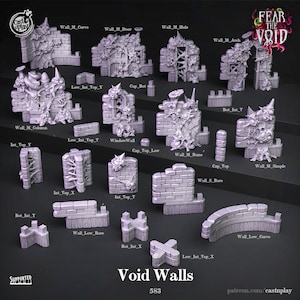 May include: A set of 18 3D printed wall pieces for tabletop gaming. The pieces are made of a light gray plastic and feature a variety of designs, including arches, doors, windows, and columns. The pieces are designed to be used in a fantasy or sci-fi setting. The text "Fear the Void" is visible in the top right corner of the image.