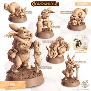 May include: A set of 3D printed miniature rabbit figures, each with a different pose and accessory. The figures are painted in a light brown color and are designed to be used as tabletop game pieces. The figures are called "Har" and are part of a collection called "Companions".