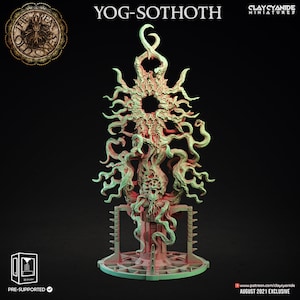 Könnte beinhalten: Eine grün und rot 3D-gedruckte Miniatur von Yog-Sothoth, einer kosmischen Entität aus dem Cthulhu-Mythos. Die Miniatur ist vorgerüstet und verfügt über ein detailliertes Design mit Tentakeln und einem zentralen Auge.