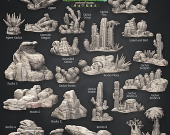 May include: A collection of miniature desert terrain elements, including cacti, rocks, and trees. The set features various cactus types, rock formations, and desert flora, all in a neutral color palette. The text "Terrain Essentials" is visible.
