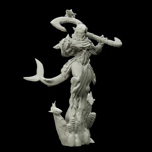 May include: A white, 3D printed figurine of a shark-like creature with a spear, standing on a rocky base with smaller sharks surrounding it.