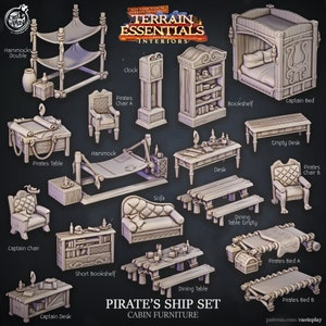 May include: A collection of miniature pirate-themed cabin furniture, including beds, tables, chairs, a clock, and a bookshelf. The set features detailed designs and is suitable for tabletop gaming or display. The text "PIRATE'S SHIP SET CABIN FURNITURE" is visible.
