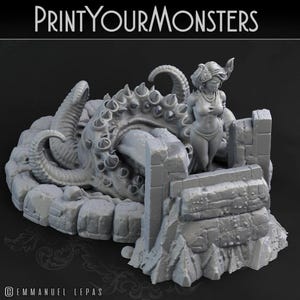 May include: A gray 3D-printed miniature featuring a woman standing on a stone structure, facing a large tentacled monster. The text "PrintYourMonsters" is at the top. The miniature is detailed and suitable for tabletop gaming.