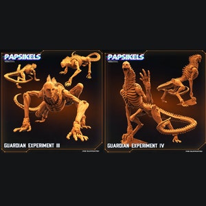 May include: Two 3D printed skeletal figures of creatures with long tails and sharp claws. The figures are labeled "Guardian Experiment III" and "Guardian Experiment IV".