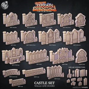 Puede incluir: Un conjunto de muros y puertas de castillo imprimibles en 3D para juegos de mesa. El conjunto incluye una variedad de estilos, que incluyen ventanas, estanterías, velas, puertas principales, muros desnudos, puertas interiores, marcos, columnas, chimeneas, portales y curvas. El conjunto también incluye tapas e intersecciones para construir estructuras complejas.