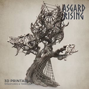 May include: A 3D printed miniature tree with a web-like structure, made for tabletop gaming. The tree is made of a light brown plastic and has a textured surface. The text "Asgard Rising" is visible in the upper right corner of the image.