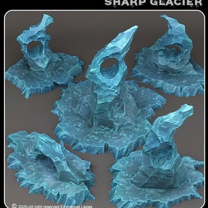 Puede incluir: Cinco formaciones de hielo azul con bordes y agujeros afilados. Las formaciones están sobre un fondo gris. El texto "SHARP GLACIER" está en la parte superior de la imagen.