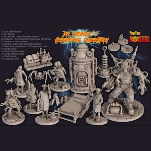 May include: A set of 3D printed miniatures for a tabletop game, featuring a mad scientist, patients, and a monstrous creature. The set includes a laboratory table, a pressurised tank, and a spider skull. The miniatures are unpainted and ready to be assembled.