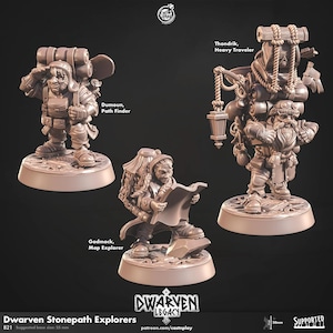 May include: Three detailed miniature figures of Dwarven Stonepath Explorers. The figures include Dumoun, Path Finder, Gadmack, Map Explorer, and Thondrik, Heavy Traveler. Each figure is on a 25 mm base and is intricately designed with backpacks and gear.