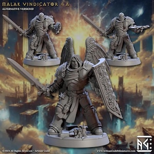 May include: Image of a Malak Vindicator miniature figure with alternative versions. The figure is in a heroic pose, holding a sword and shield. The figure is wearing armor and has large wings. The background is a fantasy scene with clouds and a city.