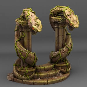 May include: A pair of stone pillars entwined with vines, resembling snakes with red eyes, stand on a stone base. The pillars are topped with a stone platform.