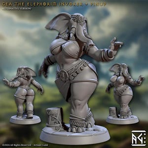 Op de afbeelding: Een grijze beeldje van een vrouwelijke olifantachtige figuur in een gestileerde pose, met de tekst "GEA THE ELEPHORIM INVOKER + PINUP ALTERNATIVE VERSION!". De figuur staat op een cirkelvormige basis, met twee kleinere versies op de achtergrond.