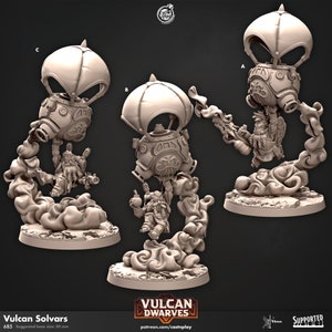 May include: A 3D printed miniature of a dwarf riding a steampunk airship with a smoke trail. The airship has a large, round balloon and a small, detailed engine. The dwarf is holding a bottle and a weapon. The miniature is printed in gray plastic and is ready to be painted.
