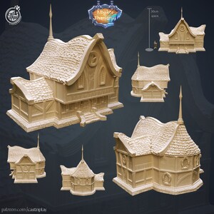 May include: Five different views of a detailed, beige, wooden model of a building with a pointed roof and a spire. The building has a large, arched doorway and several windows. The model is approximately 30 cm tall.