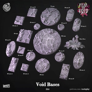 May include: A set of 10 different sized round and square plastic bases for miniature figures. The bases are all textured with a web-like pattern and are labeled with their size in millimeters. The bases are designed for use with the game "Fear the Void".