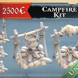 Pode incluir: Um conjunto de três kits de fogueira de plástico branco, incluindo uma fogueira com uma panela pendurada sobre ela, uma fogueira com um porco assando sobre ela e uma fogueira com toras. O texto "Campfire Kit" e "2500€" é visível na imagem. O texto "Unlocked" é visível em verde.